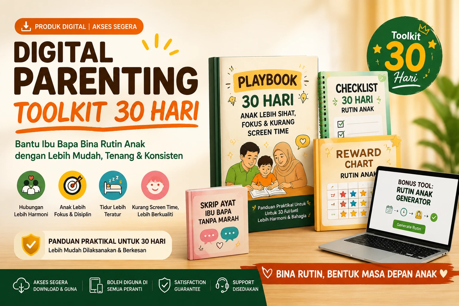Digital Parenting Toolkit 30 Hari dengan playbook, checklist, reward chart, skrip ayat ibu bapa dan bonus Rutin Anak Generator